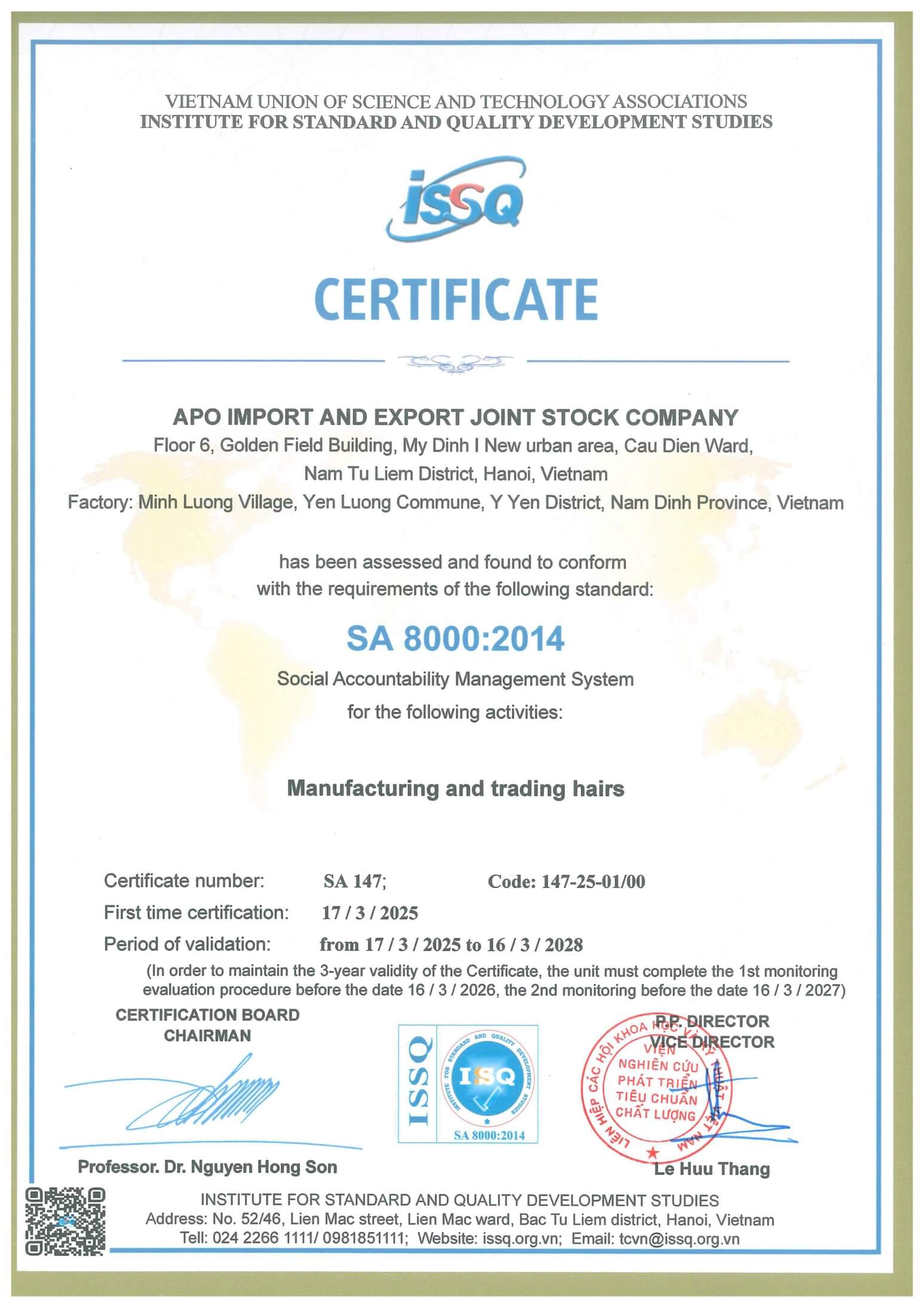 CERTIFICATES SA8000